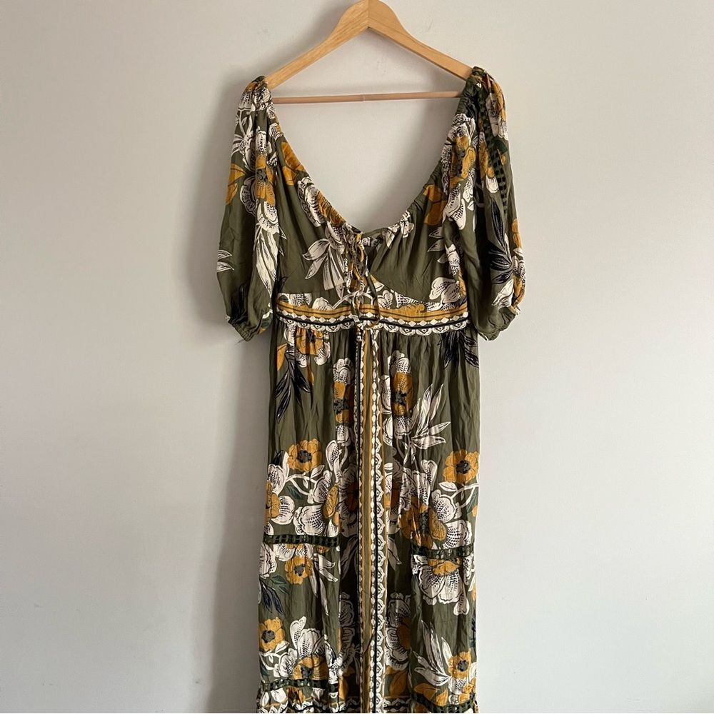 Angie Boho Floral Maxi Dress Olive Green Puff Sleeve Cottagecore Size Large - Picture 6 of 11